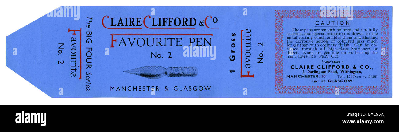 Vieille boîte en acier brut pour une étiquette de plumes à écrire - le "stylo favori, pas de 2' fabriqués par Claire Clifford & Co, Manchester, ch. 1900 Banque D'Images