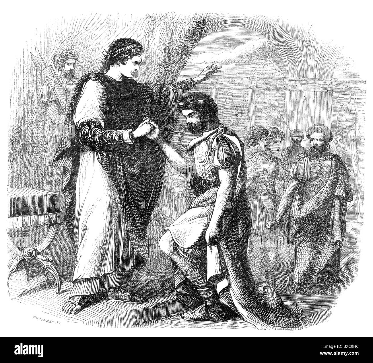 Hérode Archélaüs reçu avec faveur par l'empereur romain César Auguste ; noir et blanc Illustration ; Banque D'Images