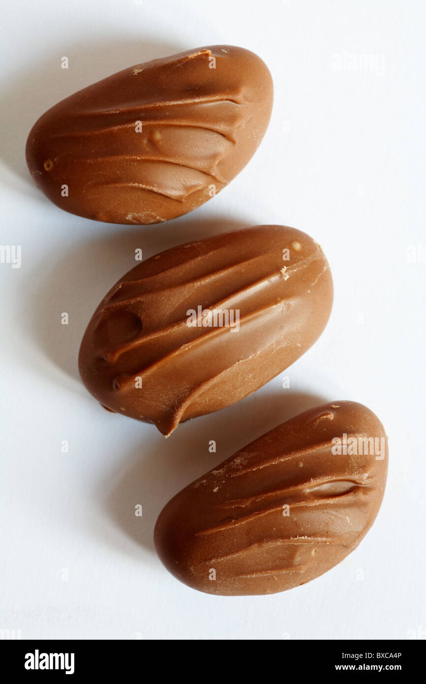 Trois noix du Brésil enrobées de chocolat au lait isolé sur fond blanc Banque D'Images