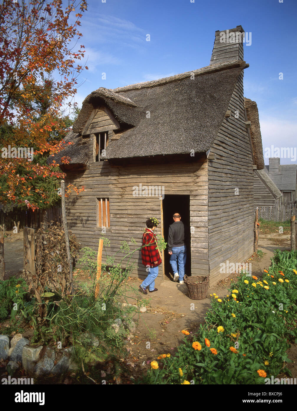 Pilgrim house en 1627, village anglais Plimoth Plantation, Plymouth, Massachusetts, États-Unis d'Amérique Banque D'Images