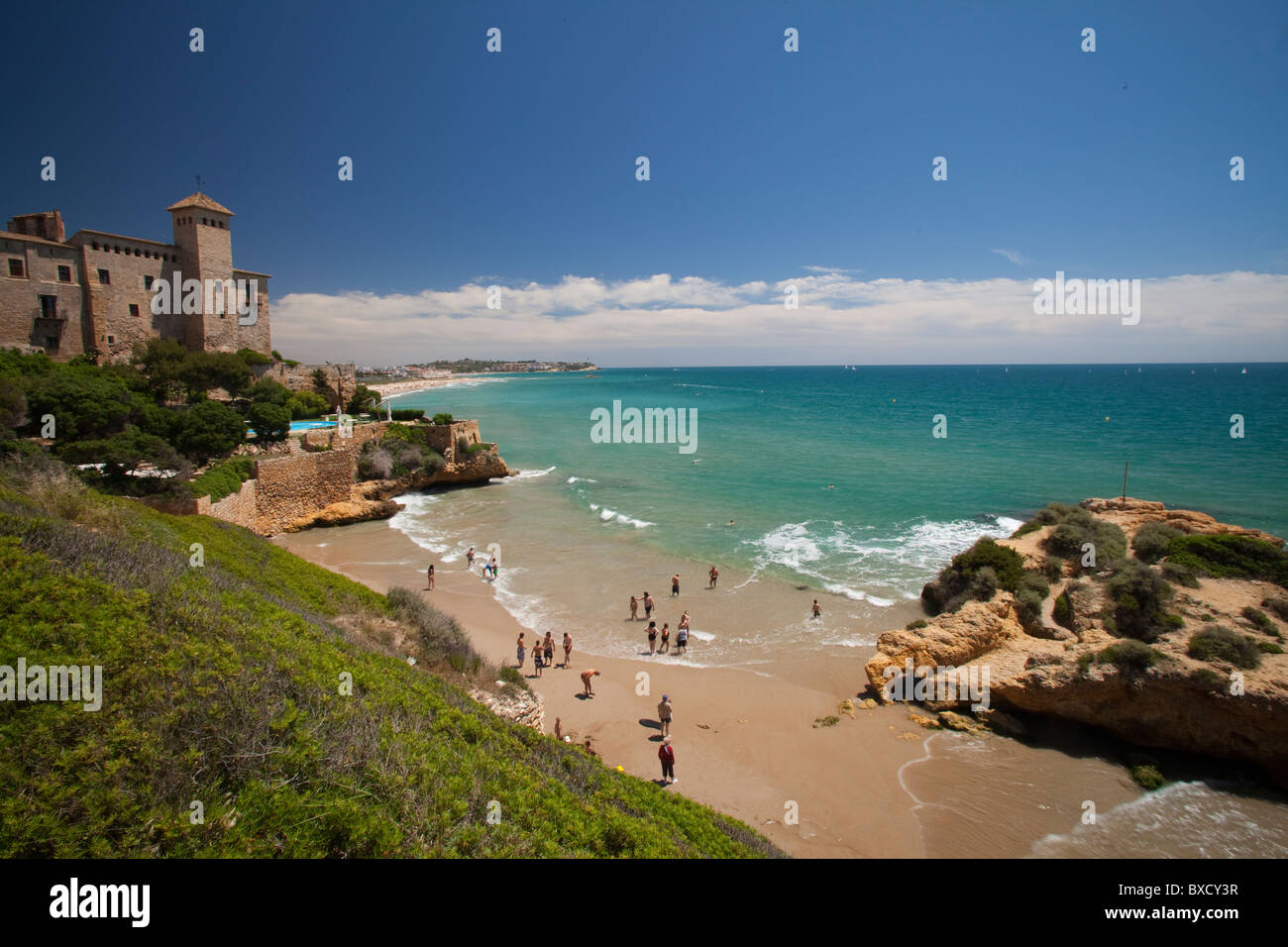 Plage et château de Tamarit, altafulla, Tarragones, Tarragone, Espagne Banque D'Images