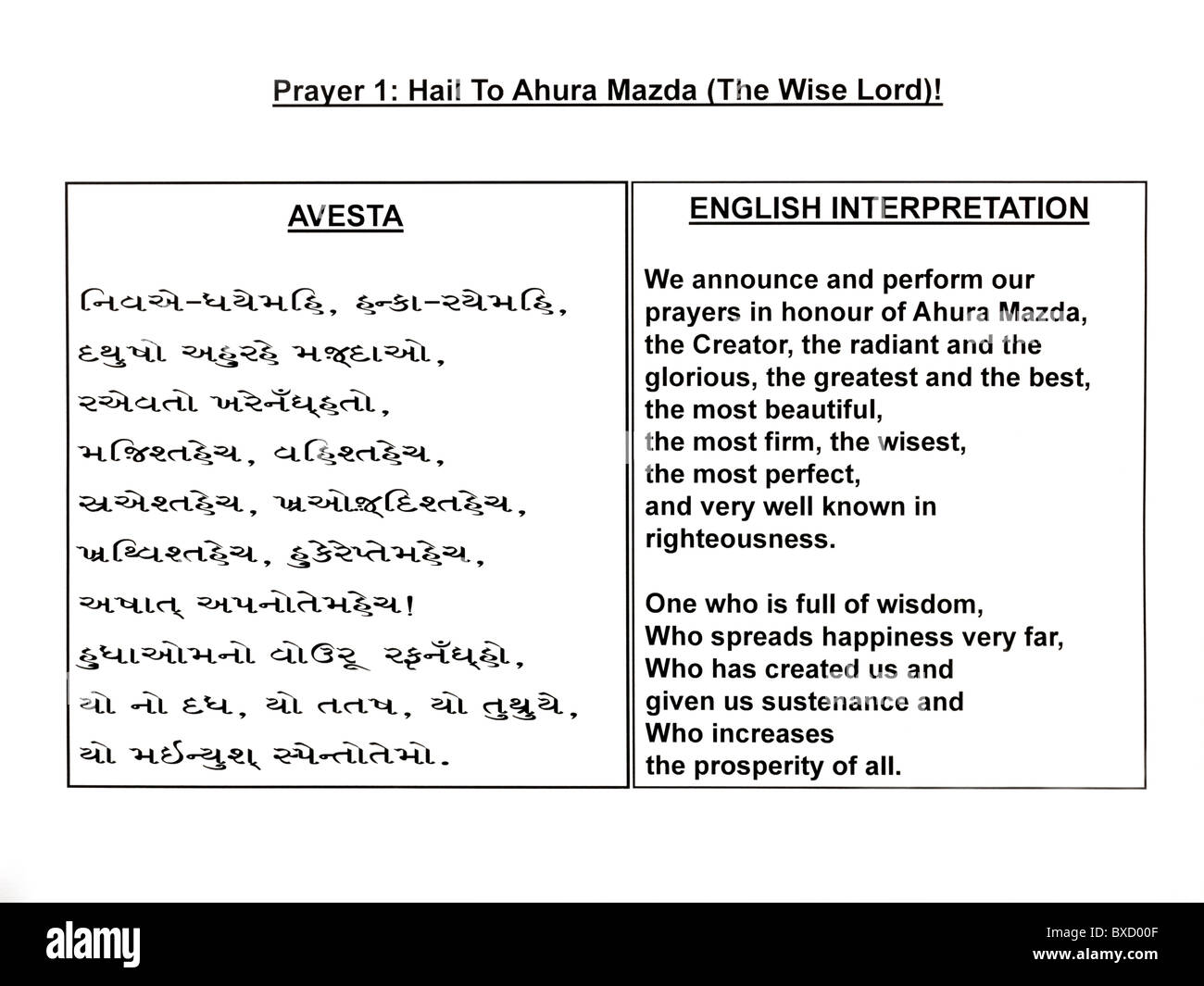 Une prière : Je vous salue, Avesta à Ahura Mazda (Le Seigneur Sage) en anglais avec interprétation Banque D'Images