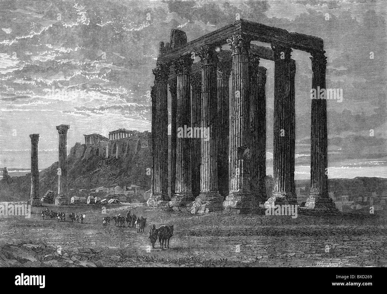 Ruines du temple de Zeus Olympien, l'Athènes, 19e siècle ; noir et blanc Illustration Banque D'Images