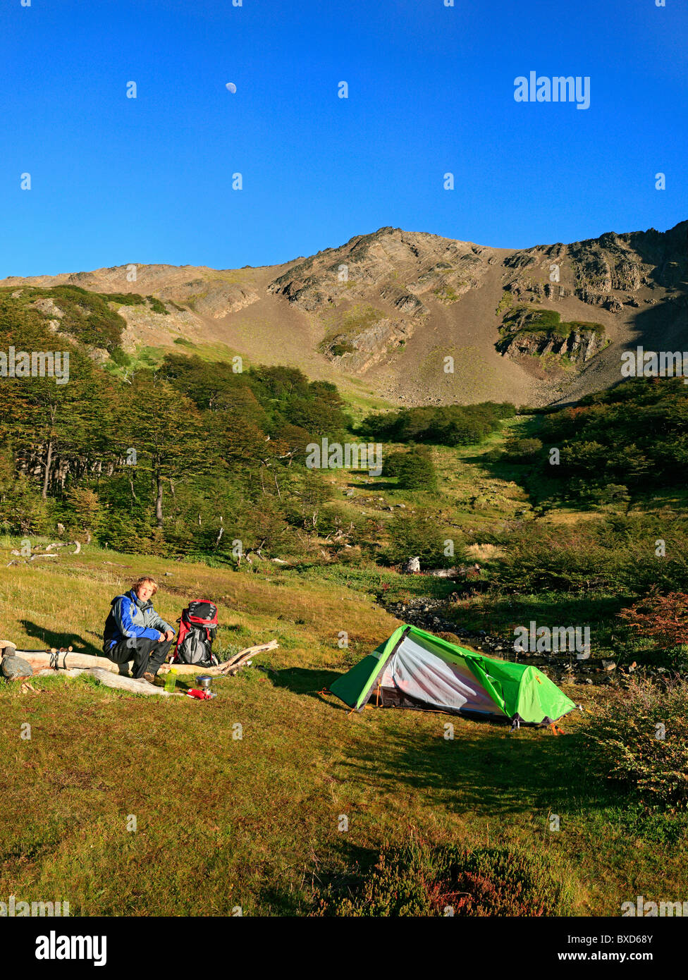Backpacker et tente sur Circuit Dientes, Isla Navarino, Terre de Feu, Chili Banque D'Images