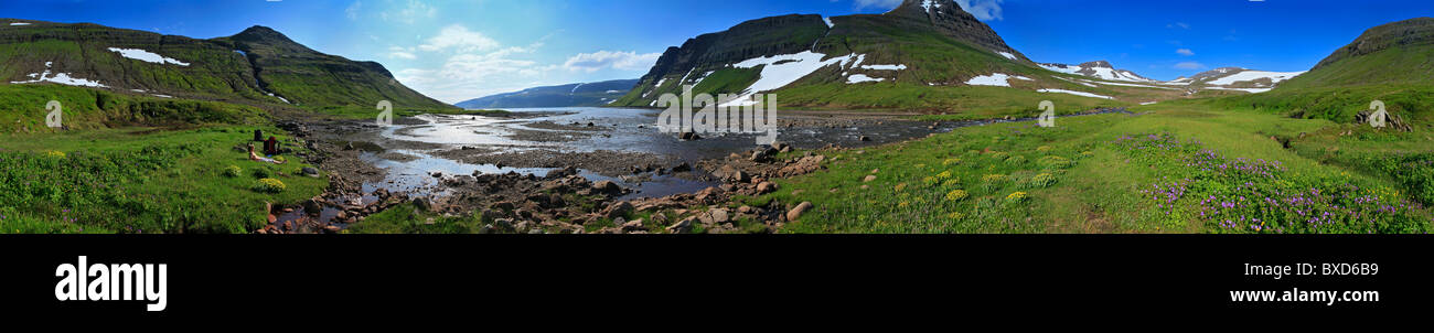 Backpacker se reposant dans soleil avec des chaussures par volet et fleurs sauvages, Hornstrandir Iceland Banque D'Images