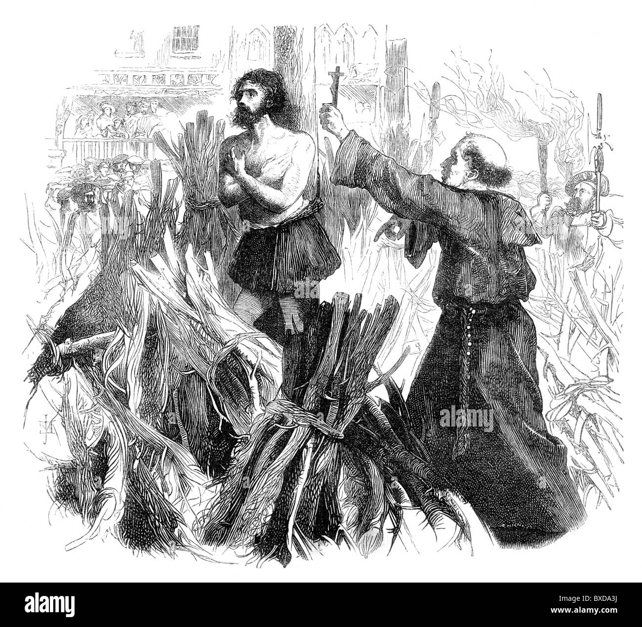 Un martyr Protestant d'être brûlé sur le bûcher ; noir et blanc Illustration ; Banque D'Images