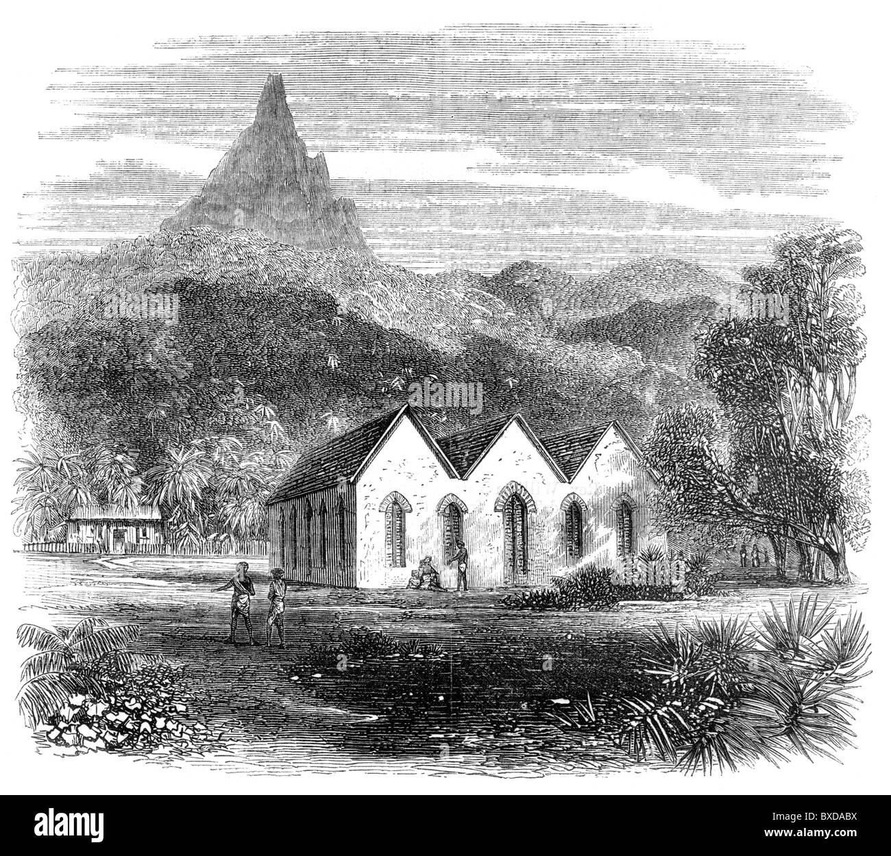 Un missionnaire chrétien chapelle en Anguilla, Rarotonga, 19e siècle ; noir et blanc Illustration ; Banque D'Images