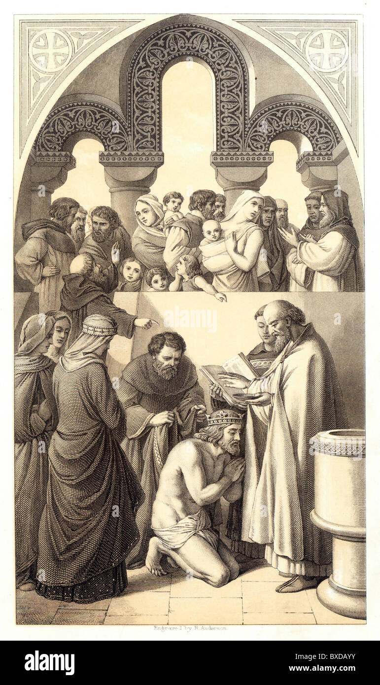 Le baptême du Roi Ethelbert de Kent, 6e ou 7e siècle ; noir et blanc Illustration Banque D'Images