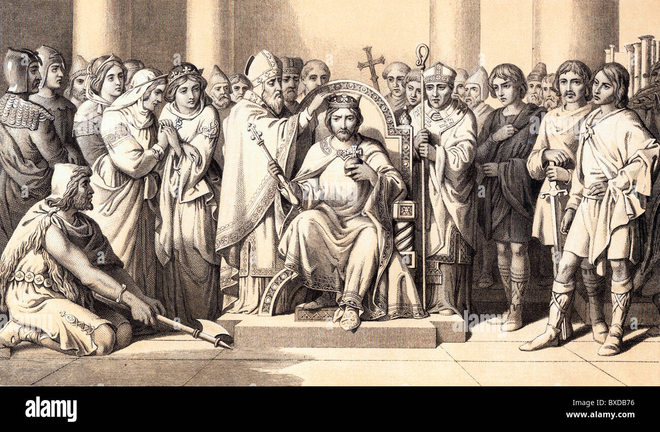 Le couronnement du roi Harold, 6 janvier 1066 ; probablement à l'abbaye de Westminster ; illustration en noir et blanc; Banque D'Images