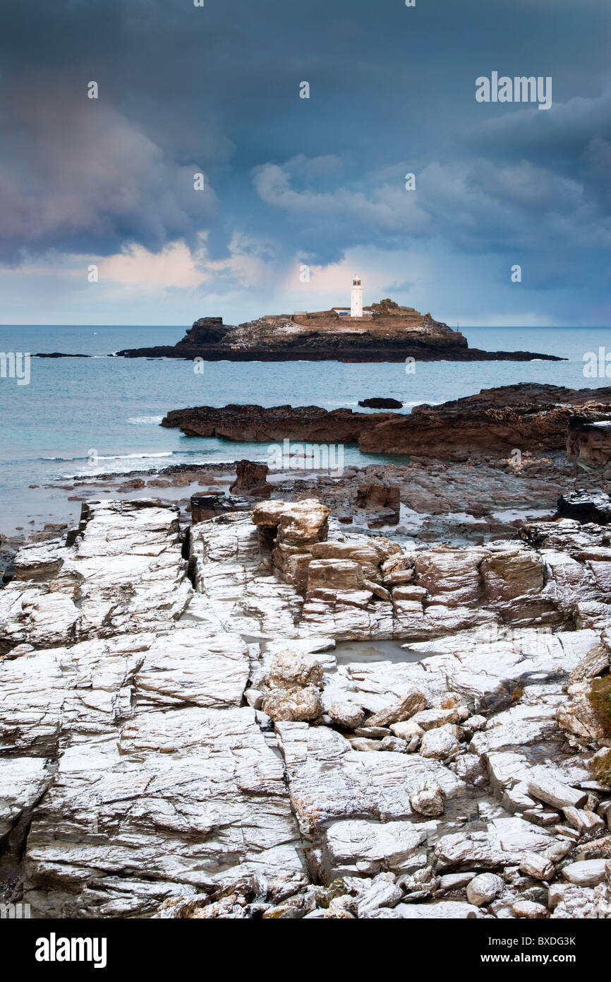 Godrevy, Cornwall dans la neige ; Banque D'Images
