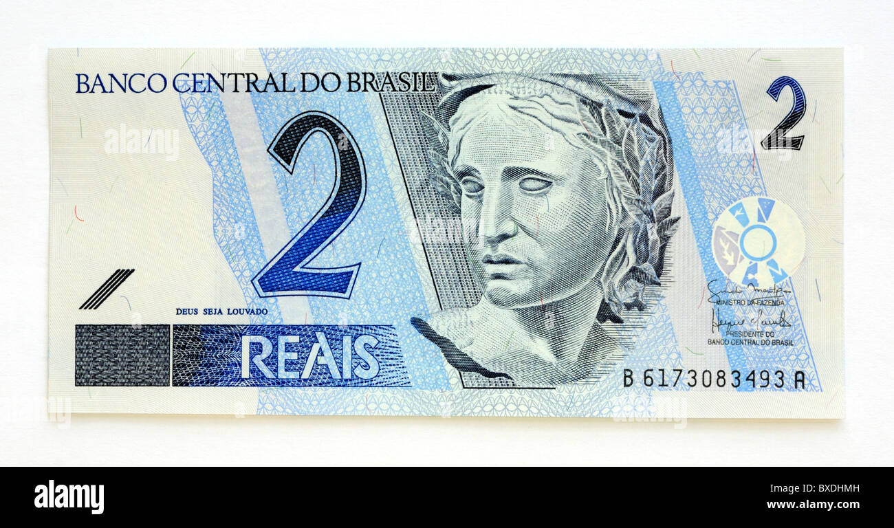 Brésil Brasil 2 Reals Deux billet de banque. Banque D'Images