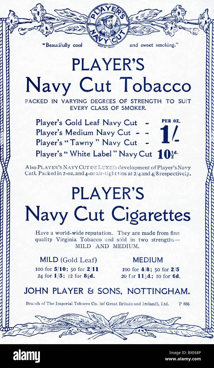 Publicité pour le tabac et les cigarettes John Player vers 1922 par la société Imperial Tobacco Banque D'Images