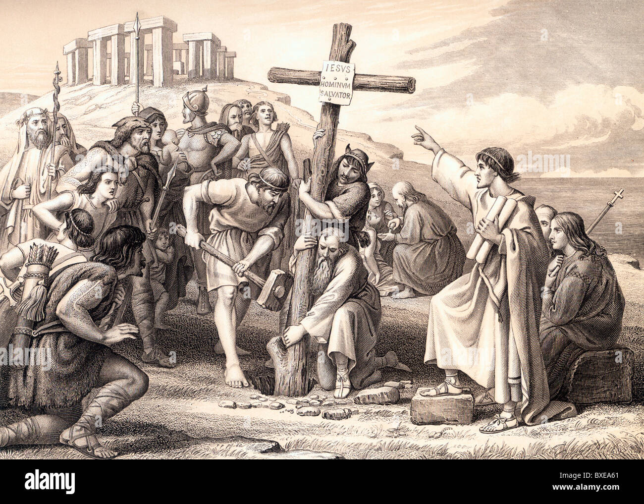 Début de la prédication du christianisme en Grande-Bretagne, 6e siècle ; noir et blanc Illustration ; Banque D'Images