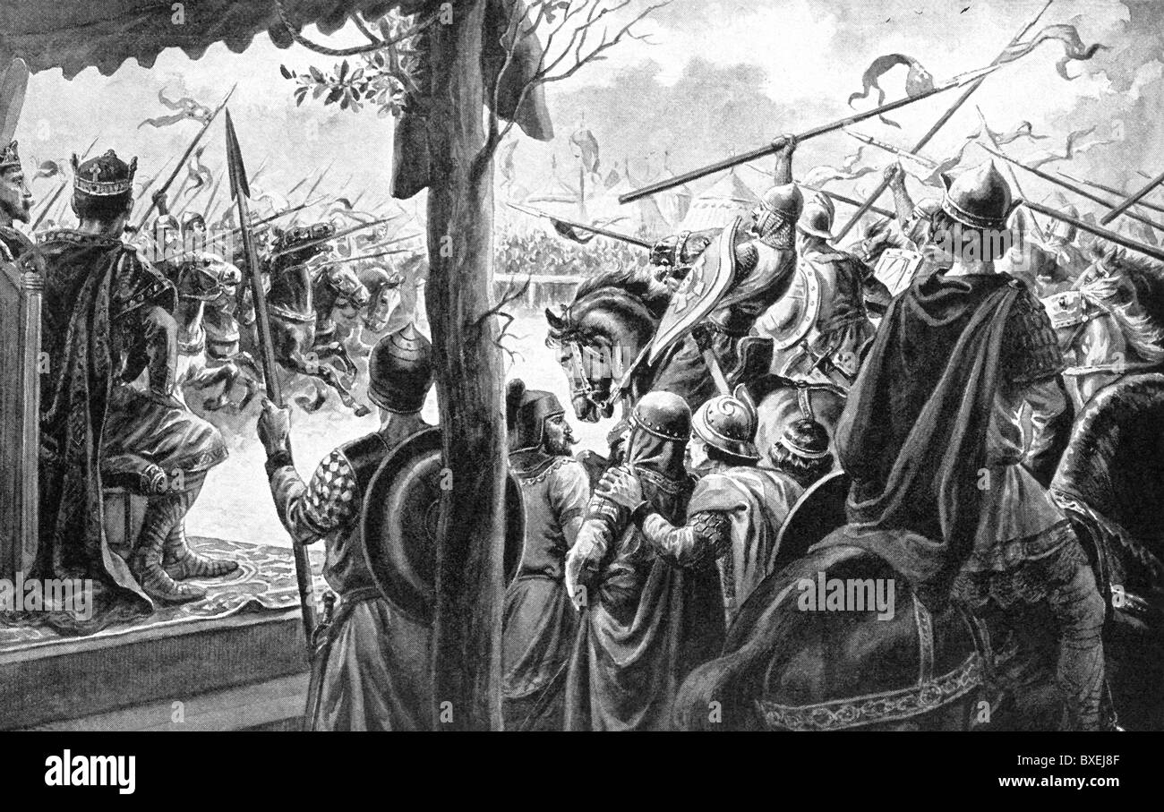 En juillet 841, Charles II, roi de France et Louis le Germanique, petits-fils de Charlemagne, a défait l'Empereur Lothaire, leur frère I. Banque D'Images