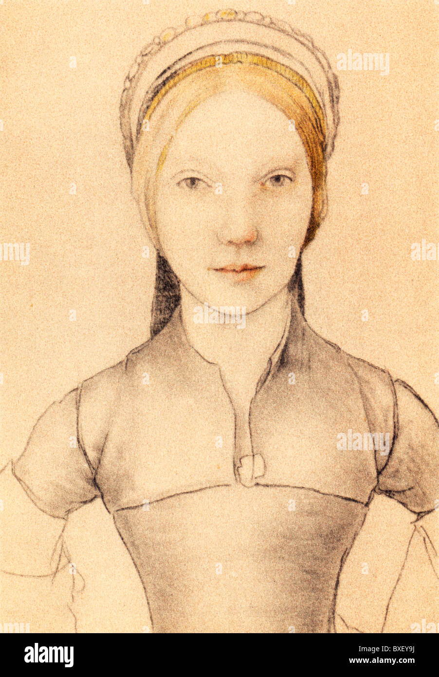 Sketch par Hans Holbein le Jeune, Portrait de Jane Boleyn, Lady Parker, sœur d'Anne Boleyn ; illustration couleur ; Banque D'Images