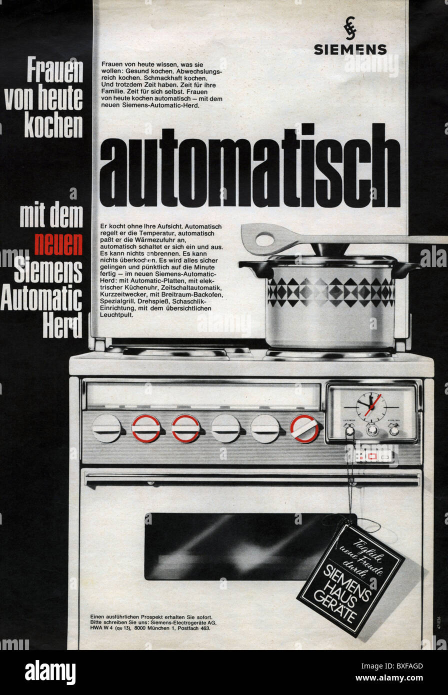 Publicité, appareils ménagers / articles ménagers, publicité pour Siemens  cuisinière automatique, d'un magazine, Allemagne, années 1960, droits  supplémentaires-Clearences-non disponible Photo Stock - Alamy