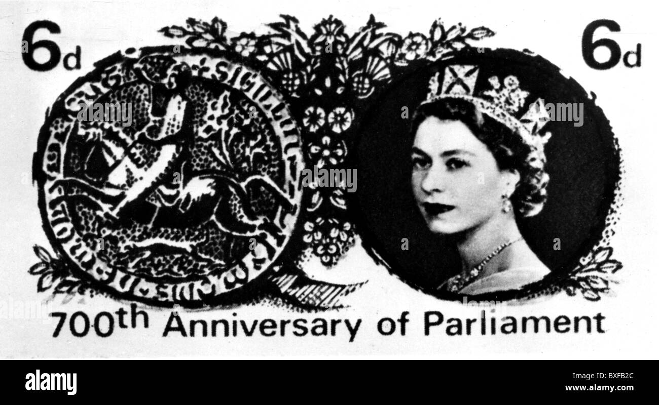 Courrier / courrier, timbres-poste, Grande-Bretagne, 6 pence, numéro spécial, 700ème anniversaire du Parlement, sceau de Simon de Monfort 6e comte de von Leicester et portrait de la reine Elizabeth II, 20e siècle, historique, historique, années 1960, personnes, droits additionnels-Clearences-non disponible Banque D'Images