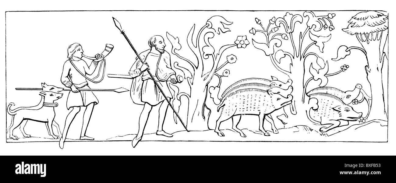 Une chasse au sanglier anglo-saxonne, 11e siècle ; noir et blanc Illustration ; Banque D'Images