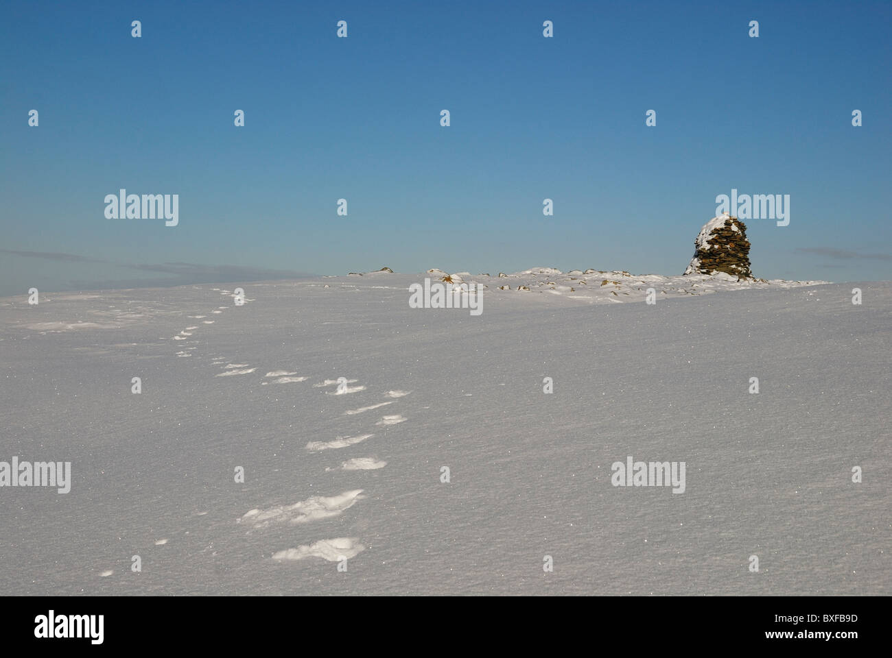 Des traces de pas dans la neige vers le sommet en haut cairn espion du Lake District Banque D'Images