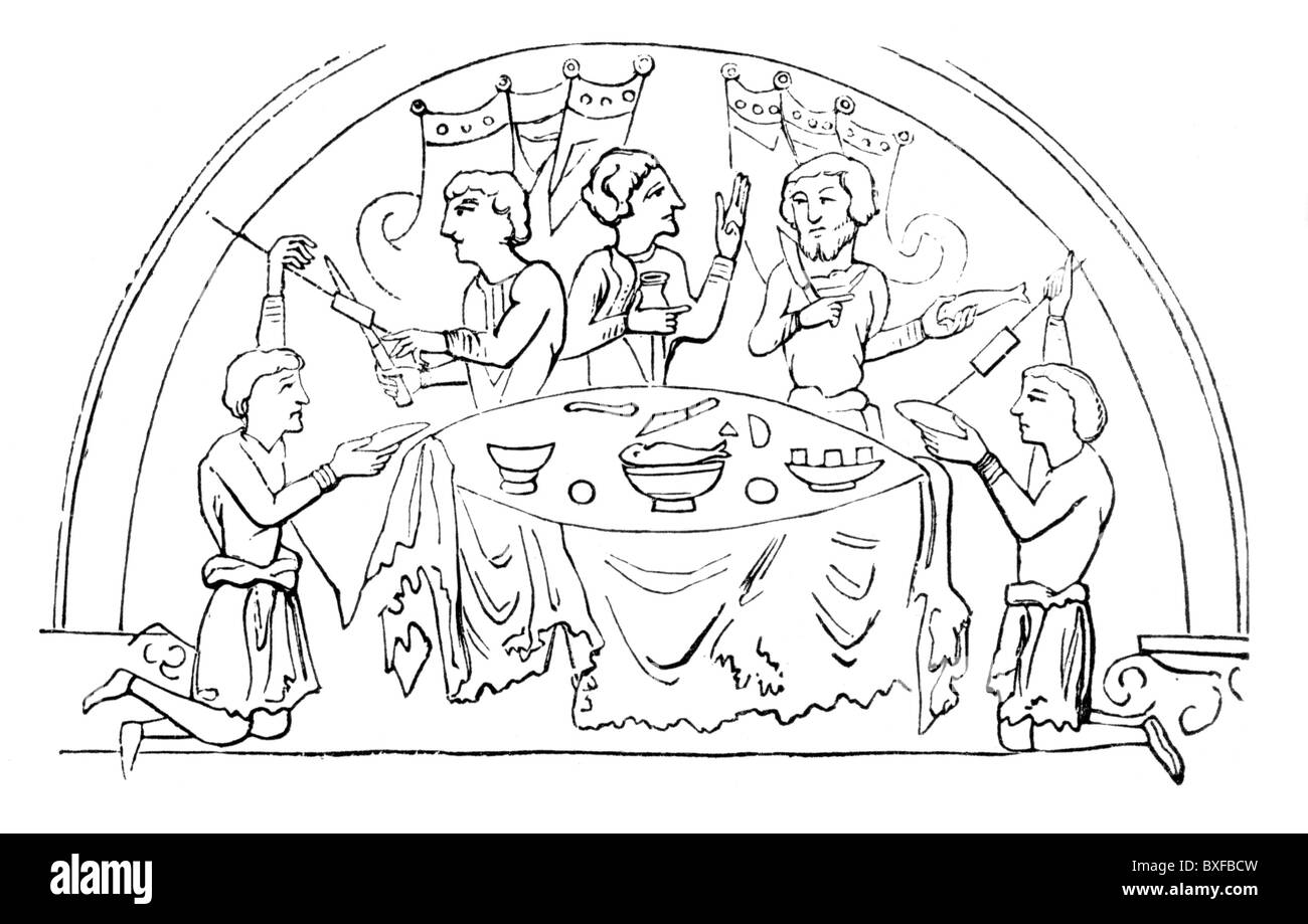 Banquet anglo-saxonne, 11e siècle ; noir et blanc Illustration d'un manuscrit enluminé. Banque D'Images