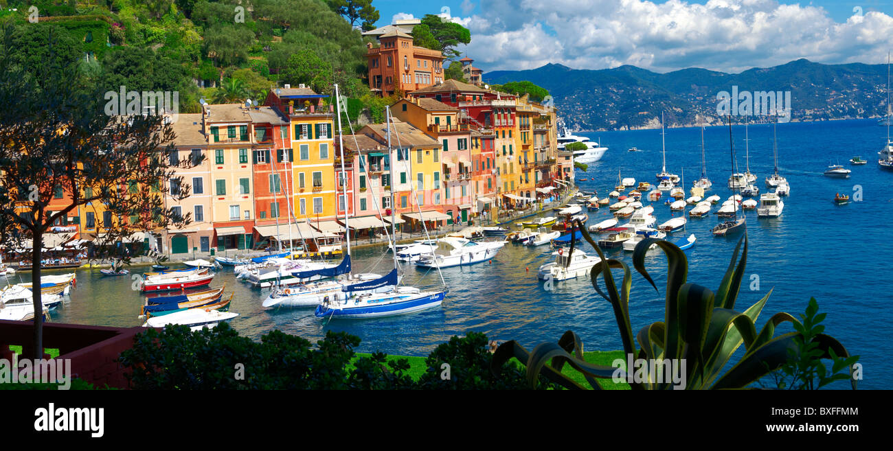 Vue panoramique sur le village de pêcheurs de Portofino et ses maisons traditionnelles de Ligurie, Ligurie, Italie Banque D'Images