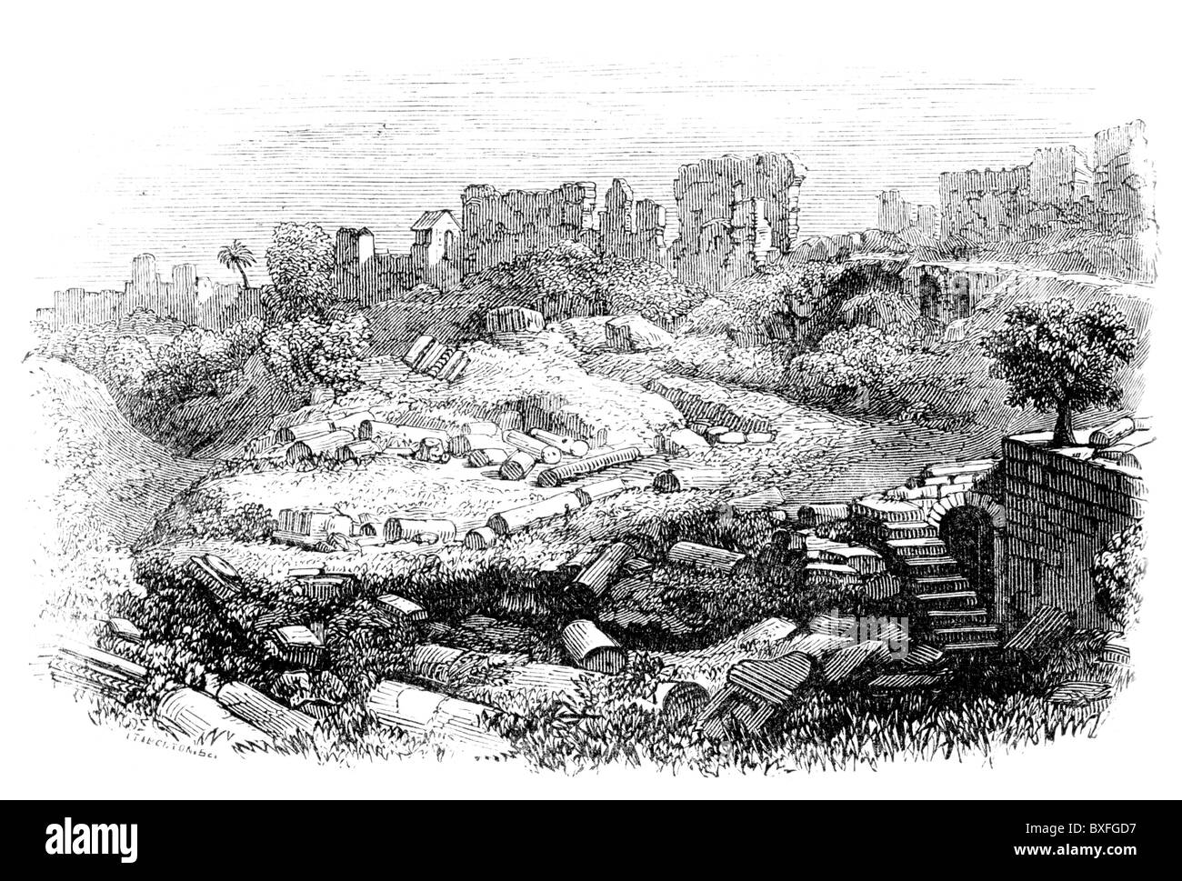 Les ruines d'Ascalon ou Ashkelon, Israël, vers 19e siècle ; noir et blanc Illustration ; Banque D'Images