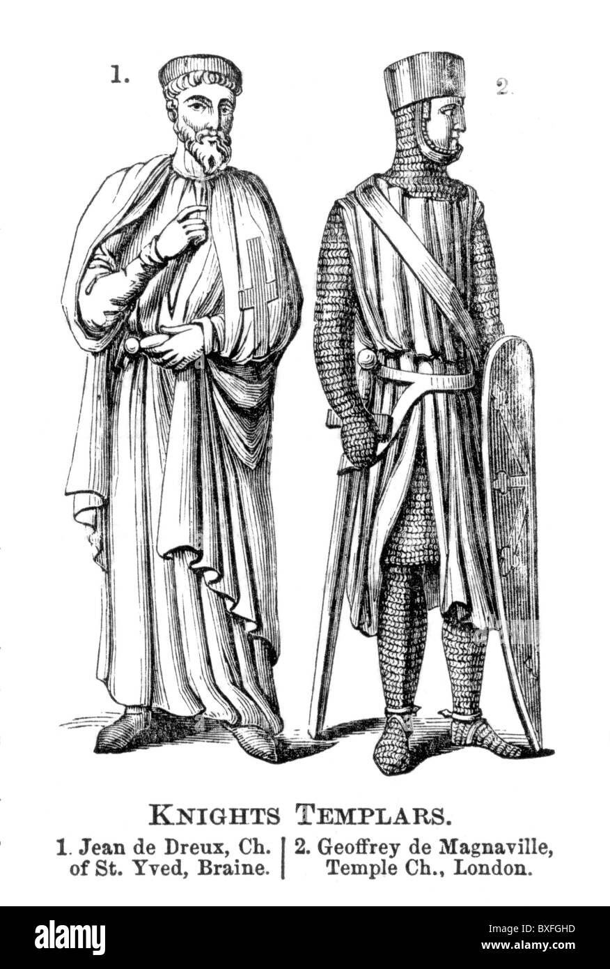 Templiers ; Jean de Dreux (John Braine) et Geoffrey de Magnaville ; 12e siècle ; noir et blanc Illustration ; Banque D'Images