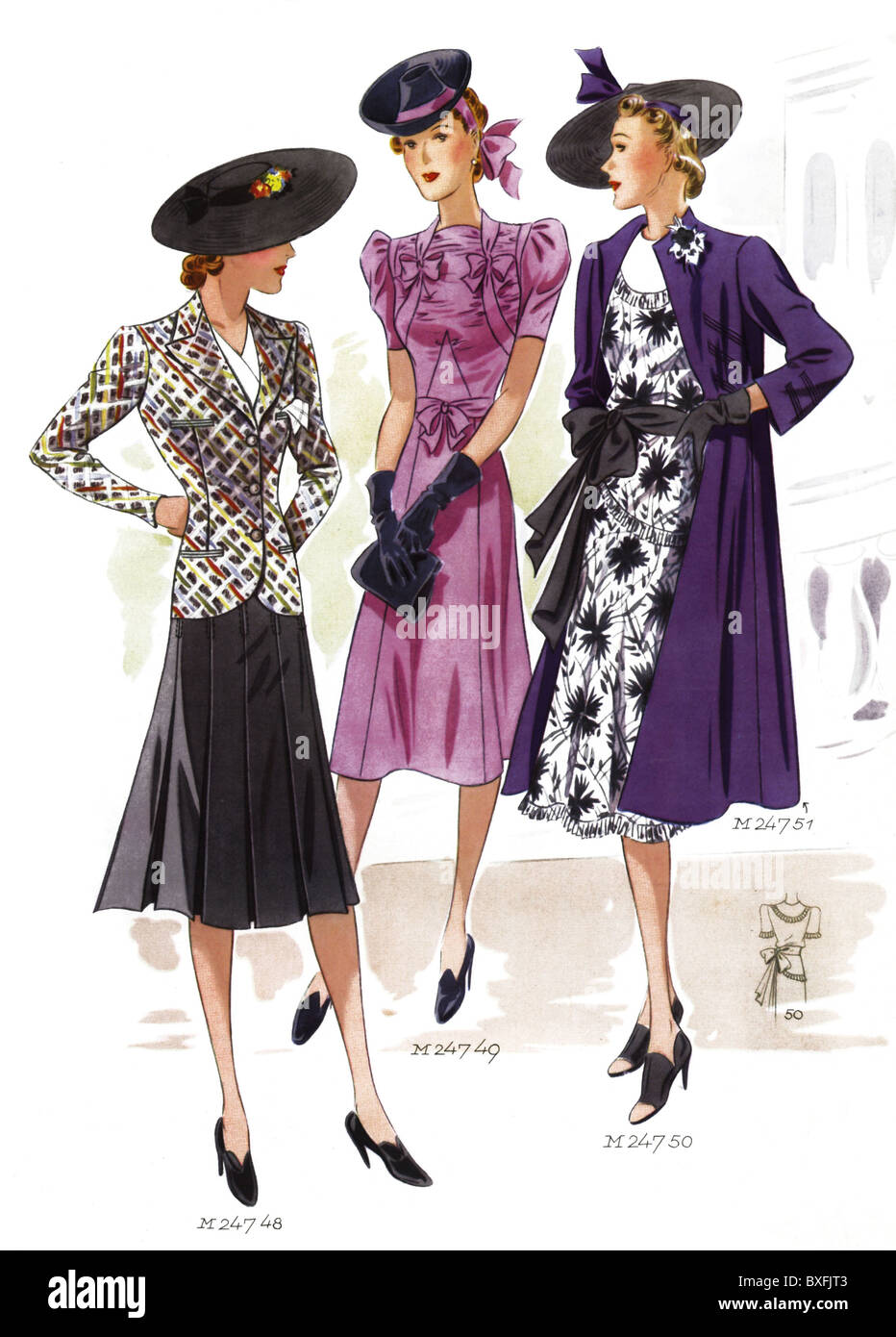 Mode, années 1930, mode de la ladie, mode élégante, années 1930, années 30,  XXe siècle, historique, historique, trois mannequins, modèle, modèle de mode,  mannequins, modèles, modèles de mode, costume de ladie avec