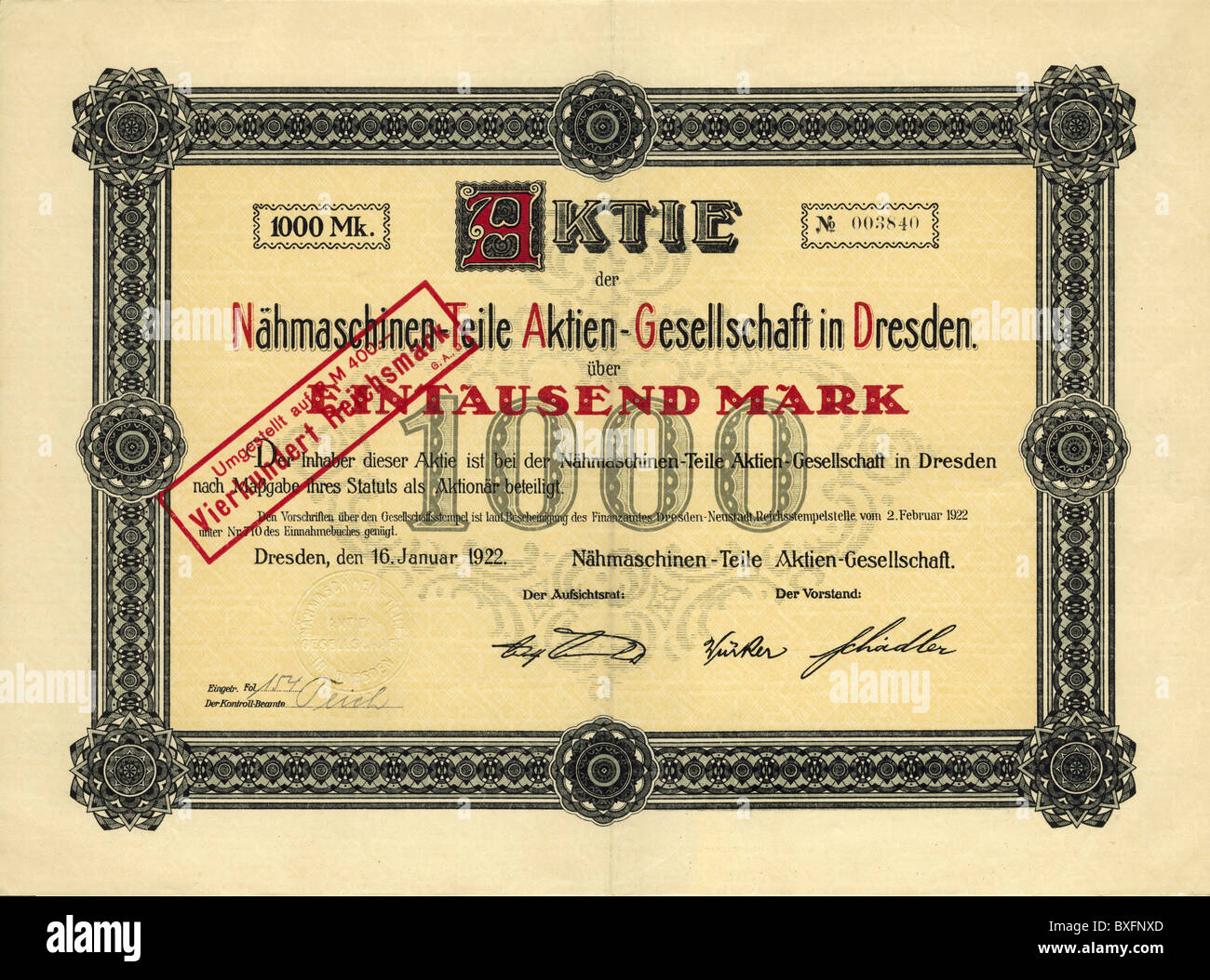 Monnaie / finance, actions, stock environ 1000 Reichsmark, Naehmaschinen-Teile-Aktien-Gesellschaft à Dresde, Allemagne, 1922, droits additionnels-Clearences-non disponible Banque D'Images