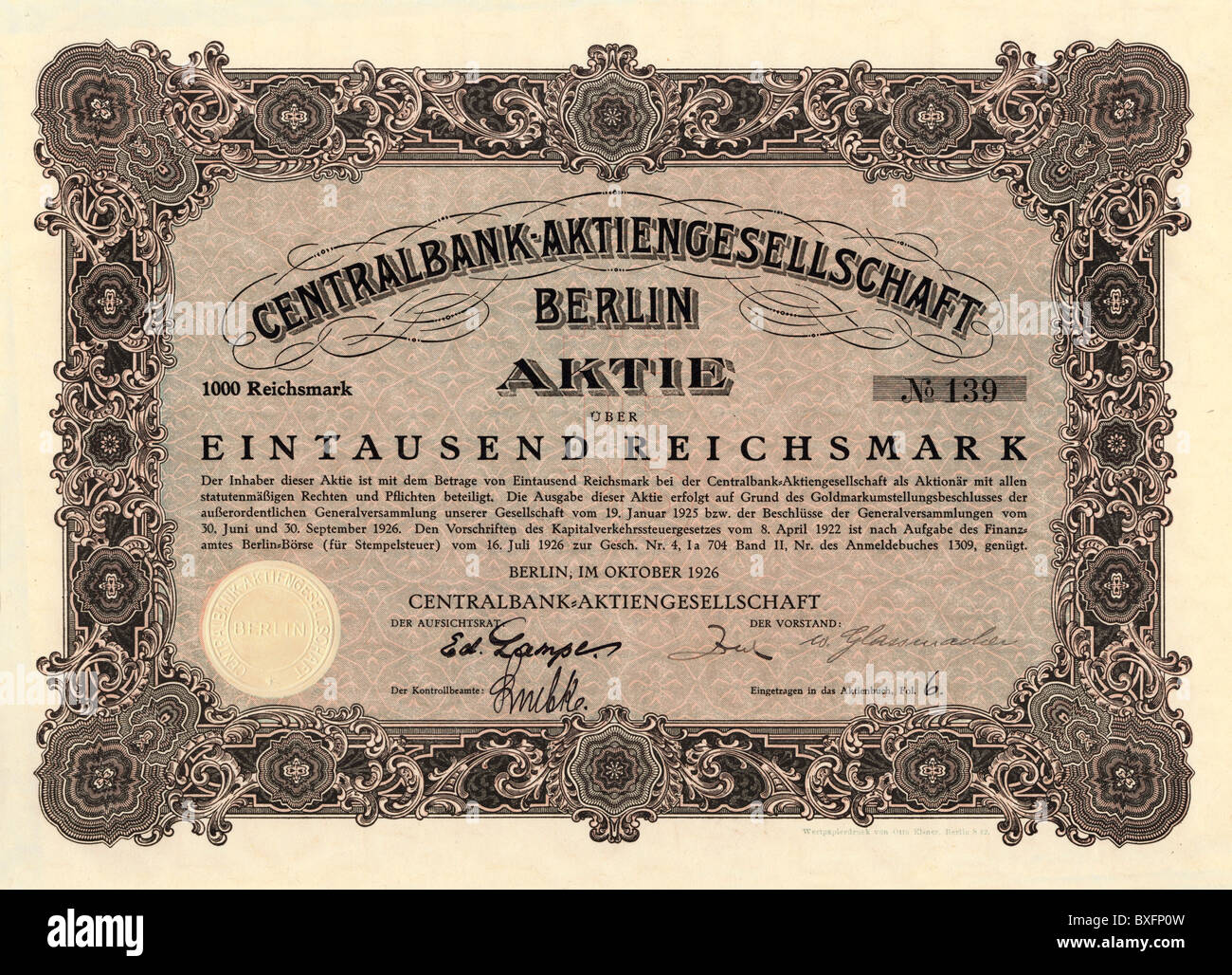 Monnaie / finance, actions, actions environ 1000 Reichsmark, Centralbank Aktiengesellschaft, Berlin, Allemagne, 1926, droits additionnels-Clearences-non disponible Banque D'Images