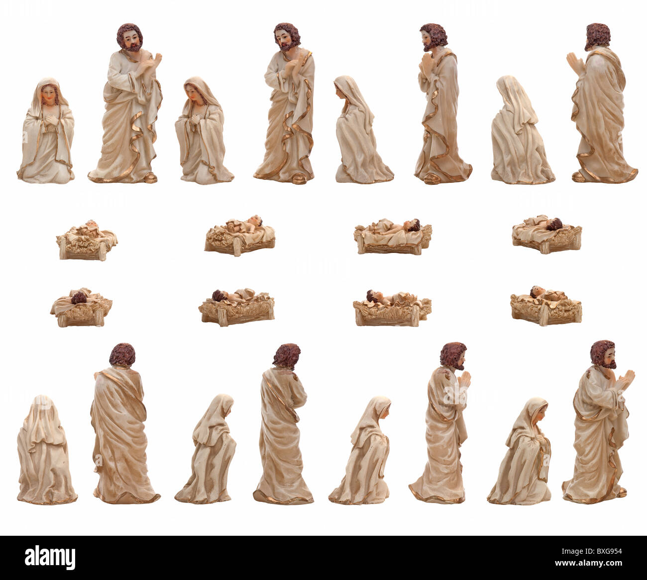 Crèche de Noël isolé sur statuettes représentant blanc Marie, Jésus et Joseph. Banque D'Images