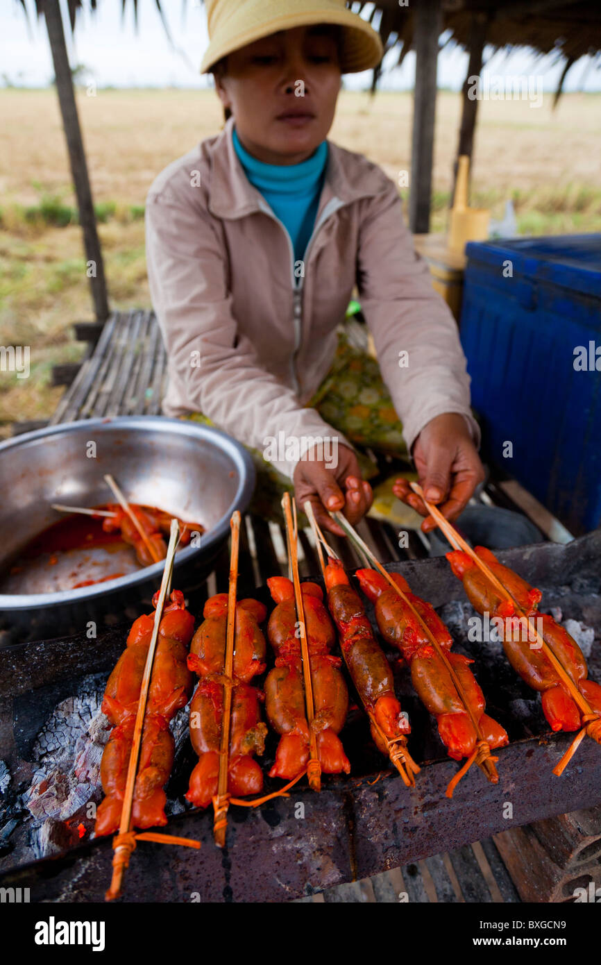 Femme khmère farcies cuisson cuisses de grenouille - Province de Kandal, Cambodge Banque D'Images