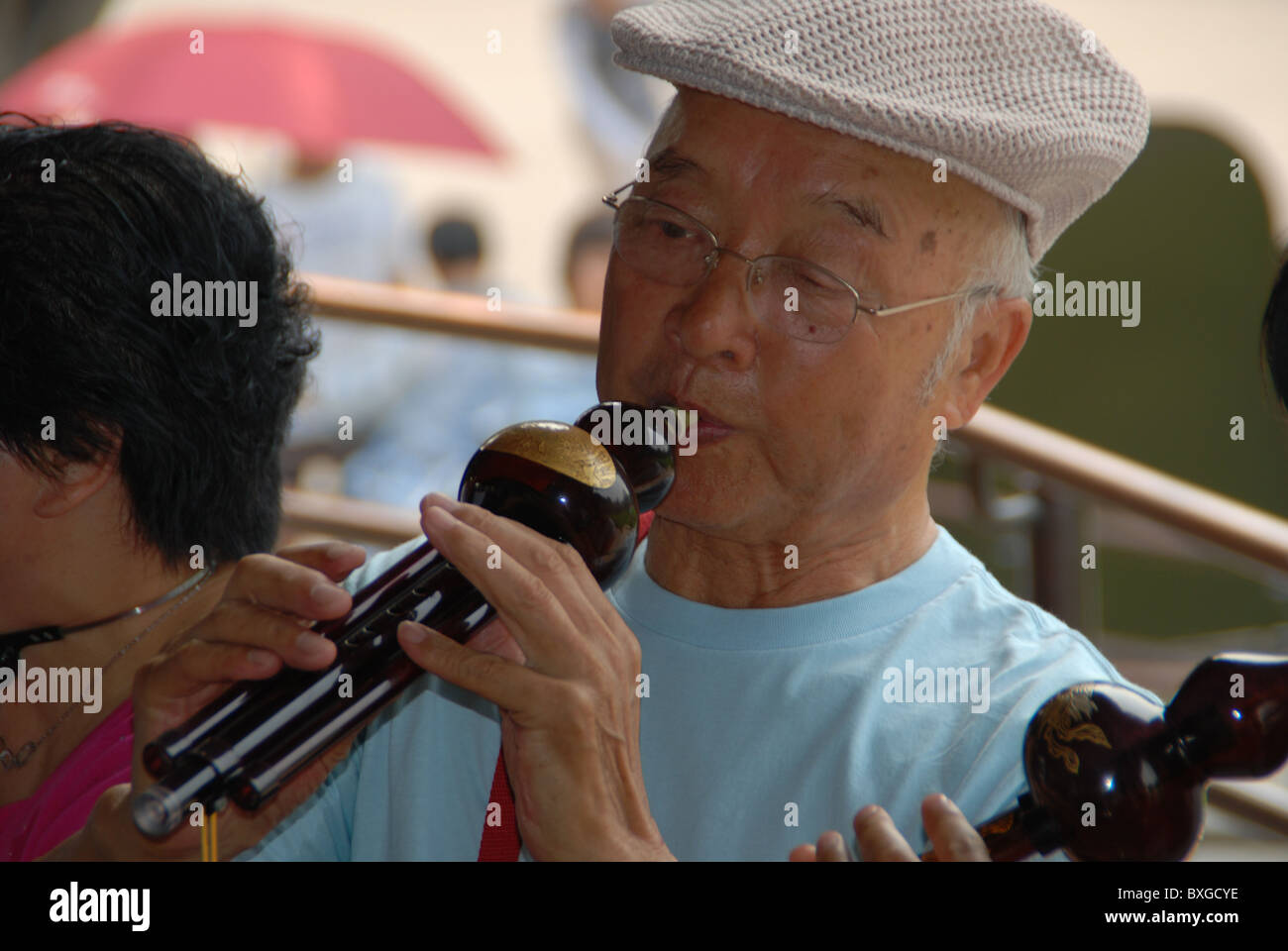 Musique, instruments traditionnels, Temple du Ciel, Beijing, Chine Banque D'Images