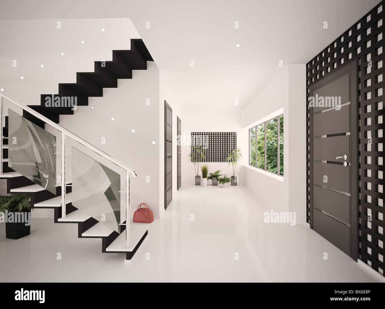 Intérieur du hall d'entrée avec escalier moderne 3D render Photo Stock ...