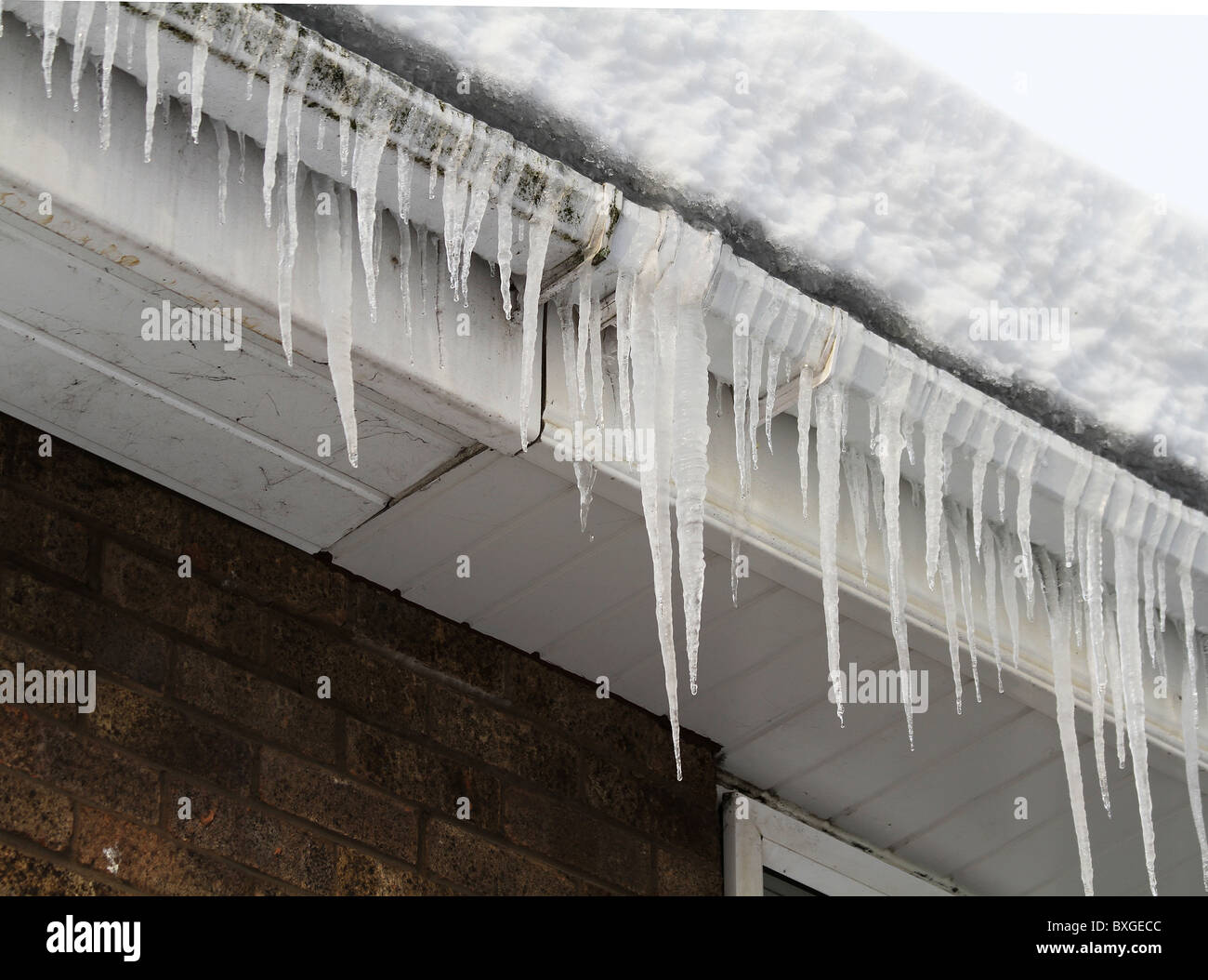 Les glaçons pendant de la gouttière de toit maison par temps très froid. Banque D'Images
