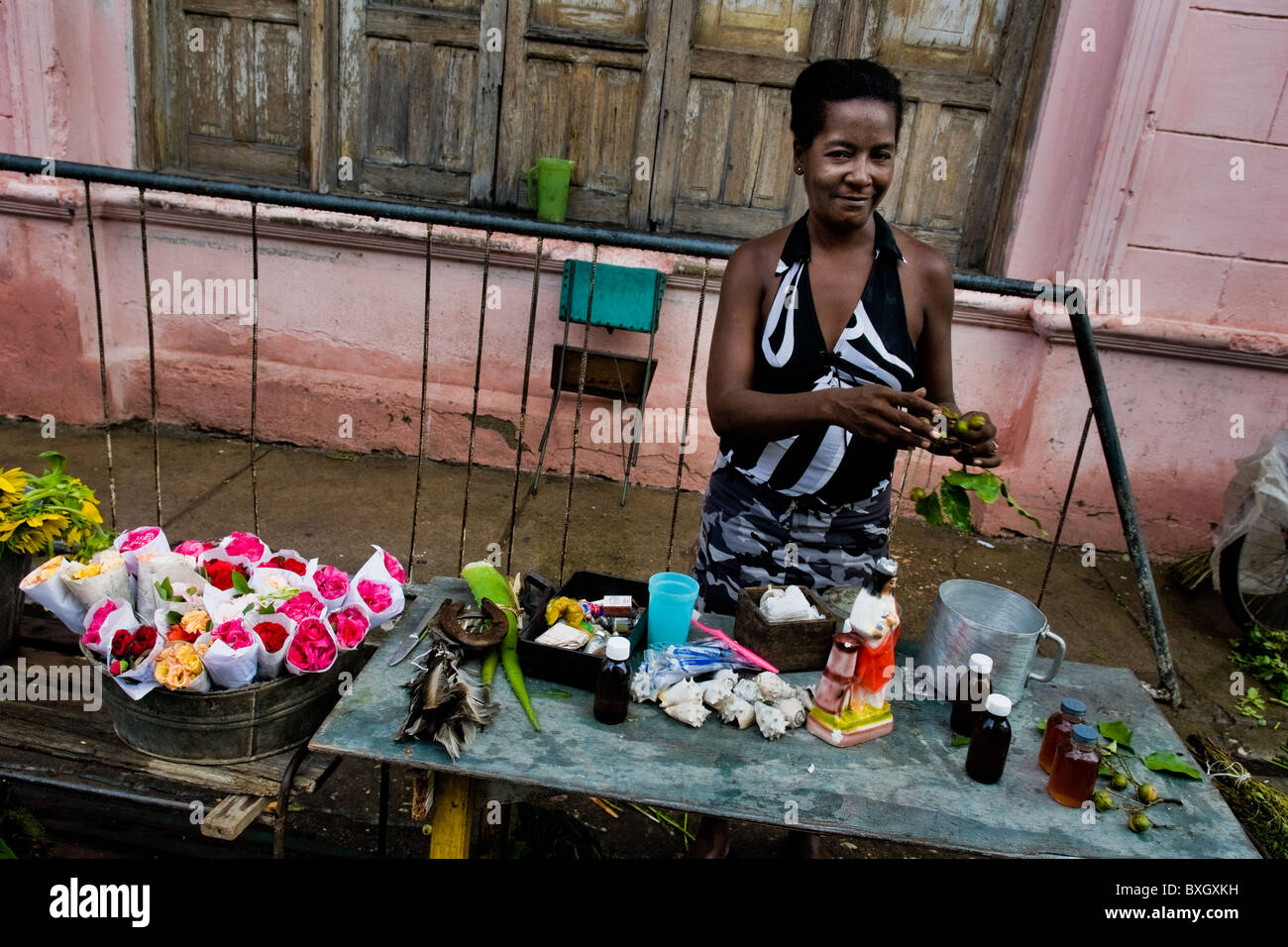 Une femme cubaine vend des objets naturels considérés comme des éléments magiques dans la religion de Palo, Santiago de Cuba, Cuba. Banque D'Images