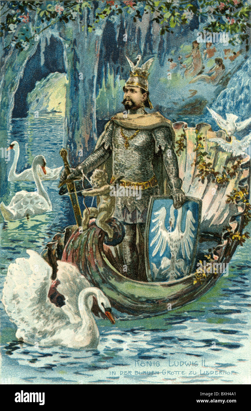 Ludwig II, 25.8.1845 - 13.6.1886, roi de Bavière 10.3.1864 - 13.6.1886, pleine longueur, comme chevalier de cygne Lohengrin dans la Grotte bleue, opéra de Richard Wagner, carte postale, lithographie, vers 1909, Banque D'Images