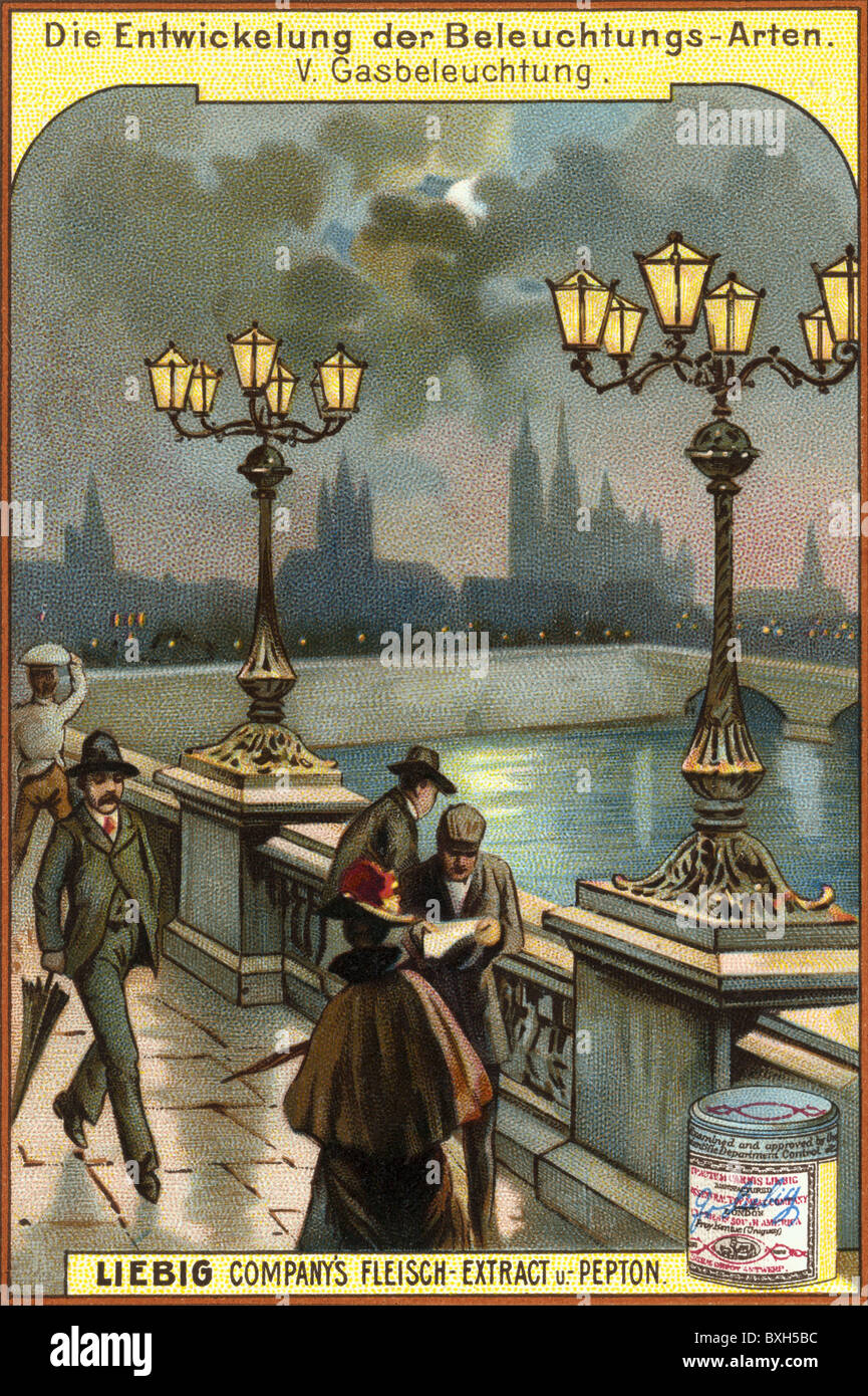 Énergie, gaz, lampe de rue, lampe à gaz, carte de collection Liebig, lithographie, Allemagne, vers 1898, droits supplémentaires-Clearences-non disponible Banque D'Images