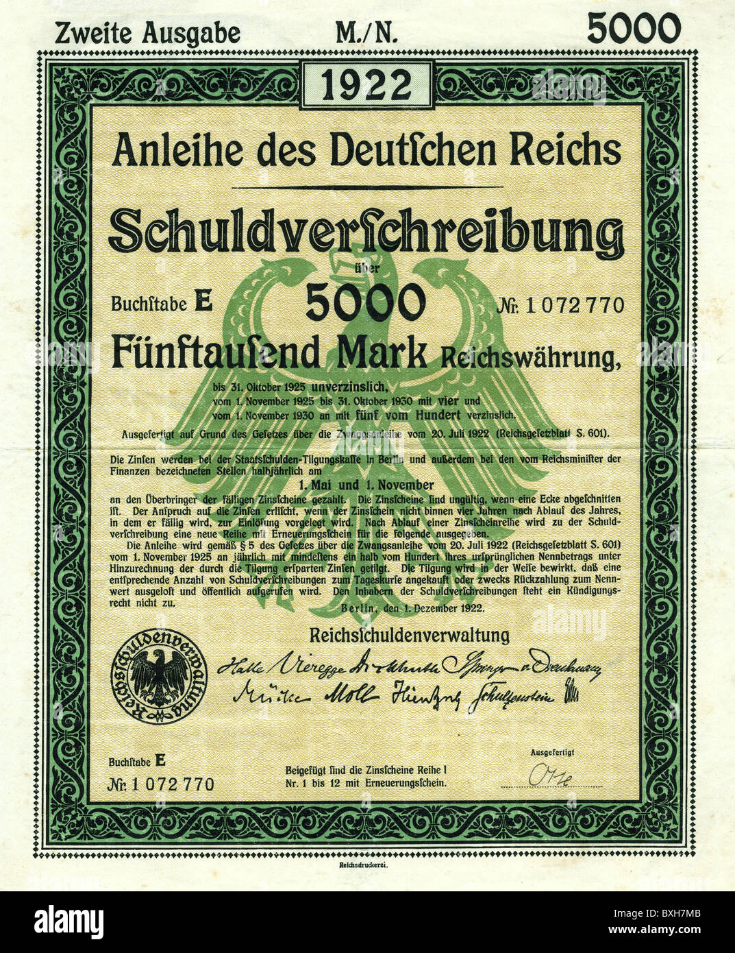 Monnaie / finance, banque / prêt, obligation gouvernementale du Reich allemand, 5000 Mark, Allemagne, 1922, droits supplémentaires-Clearences-non disponible Banque D'Images