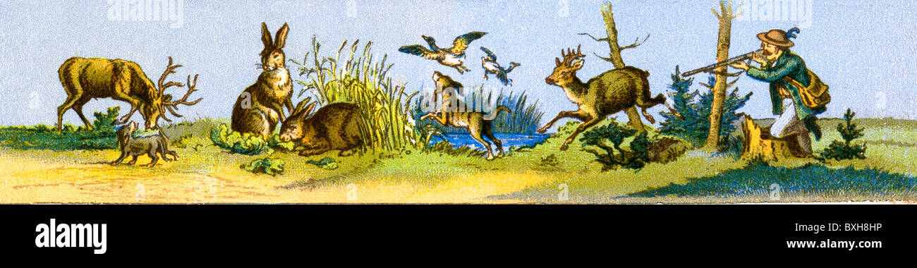 Chasse, scène, bande d'image pour Laterna Magica, lithographie, Allemagne, vers 1855, droits additionnels-Clearences-non disponible Banque D'Images