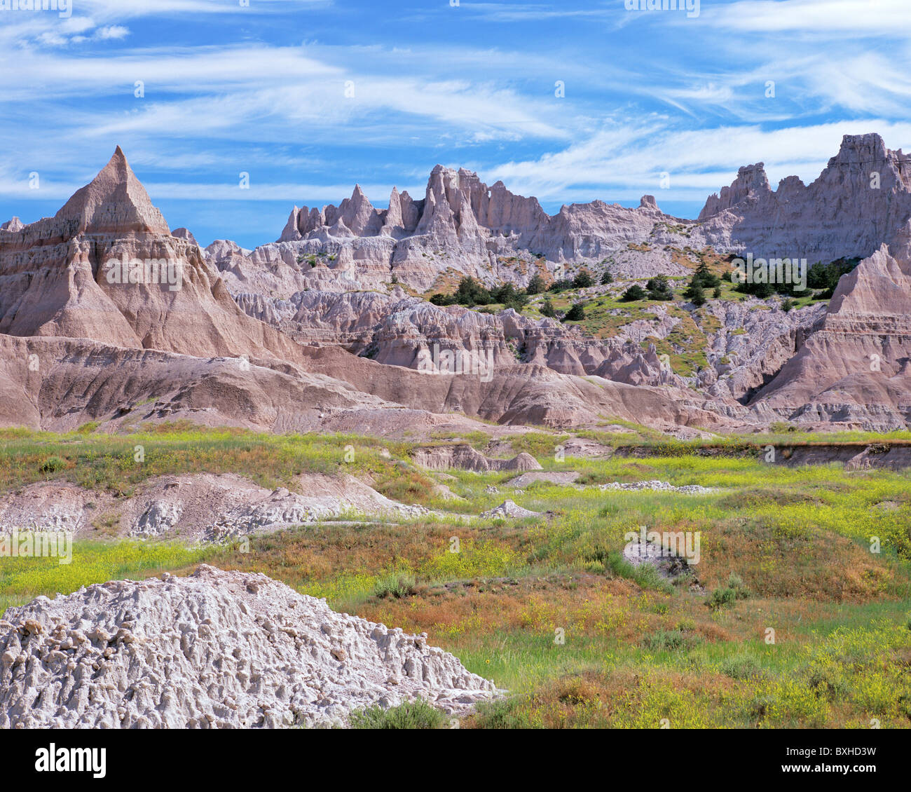 Vista de badlands en face de la Cedar Pass Lodge, Badlands National Park, South Dakota, USA Banque D'Images