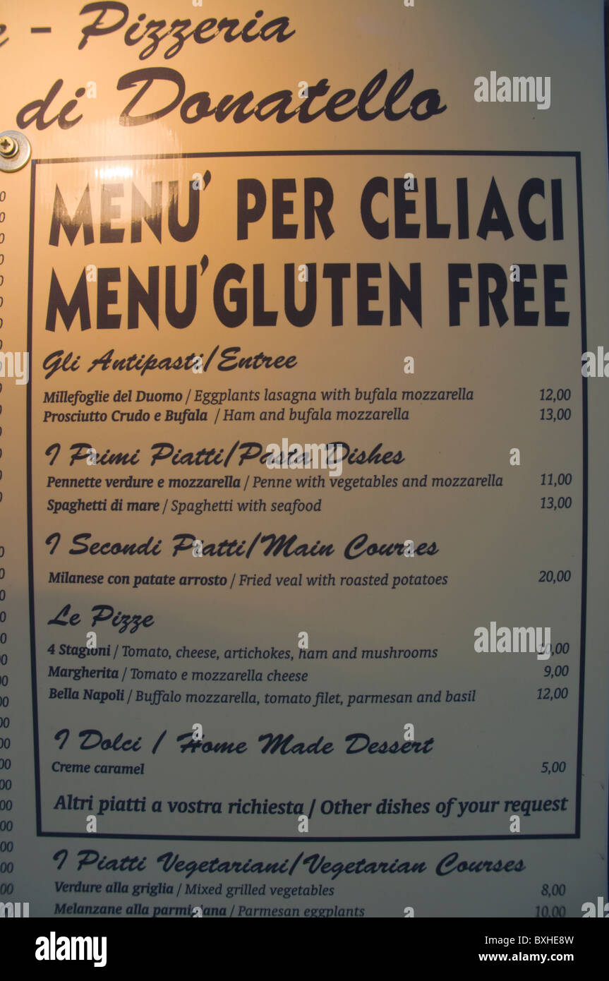 Restaurant avec menu sans gluten Florence (Firenze) Toscane Italie Europe centrale Banque D'Images Restaurant avec menu sans gluten Florence (Firenze) Toscane Italie Europe centrale Banque D'Images