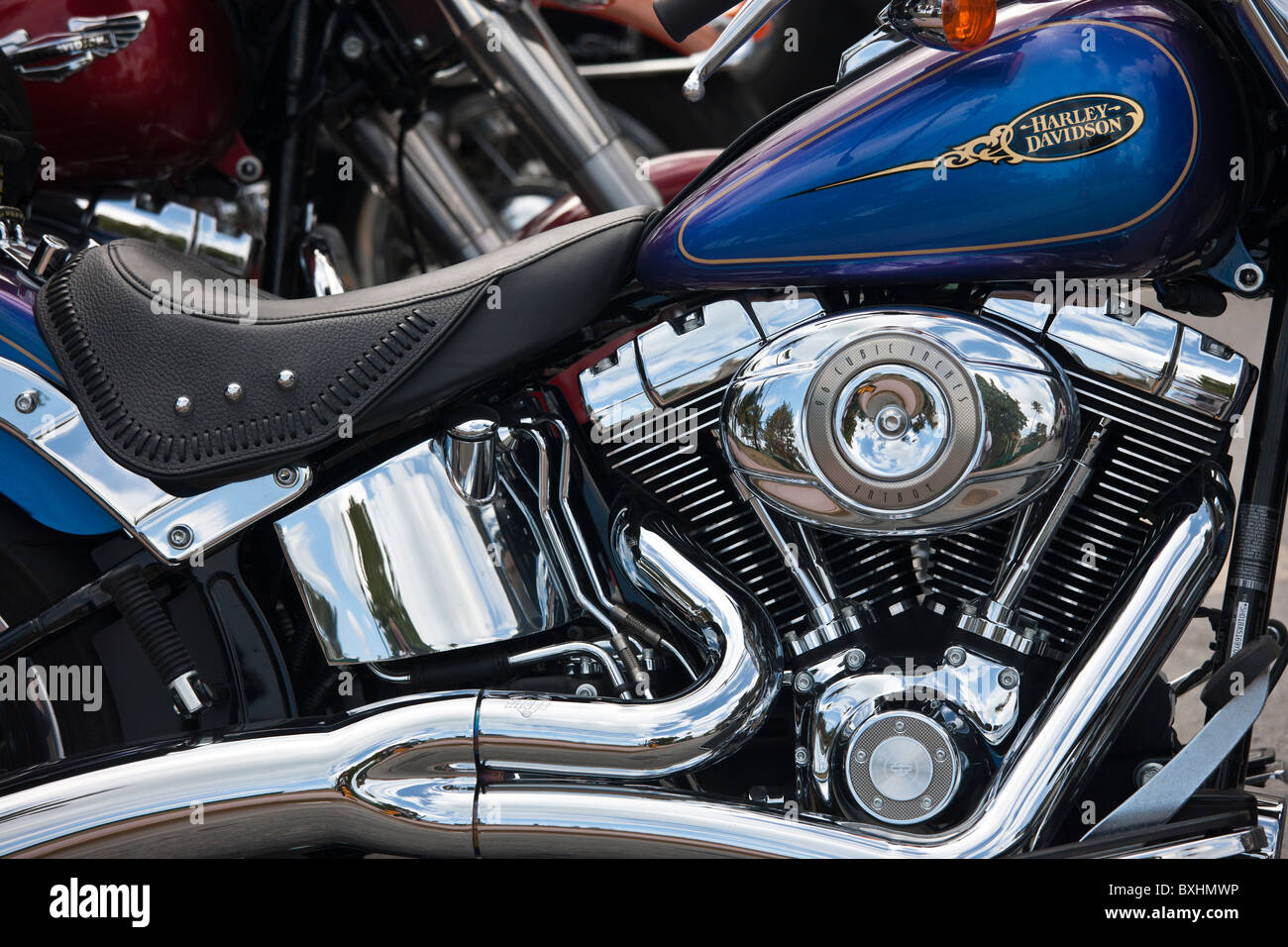 Harley Davidson Fatboy 90 pouces cubes moto moteur à South Beach, Miami, Floride, USA Banque D'Images