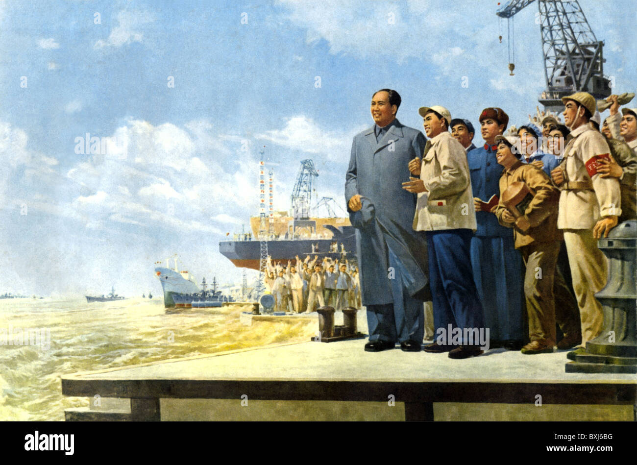 Mao Zedong, 26.12.1893 - 9.9.1976, homme politique chinois, pleine longueur, avec travailleurs des chantiers navals, Chine, 1971, Banque D'Images