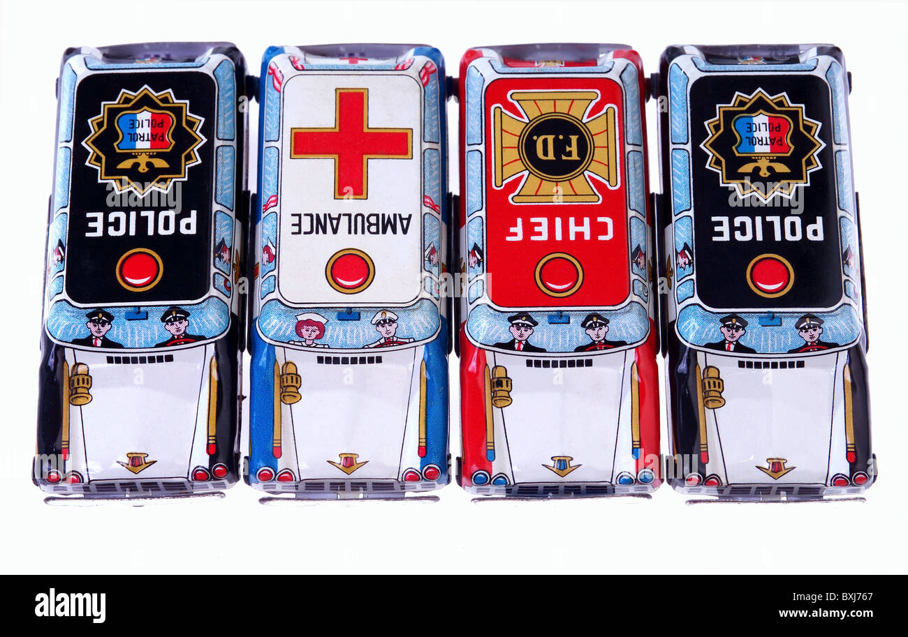 Jouets, voitures jouets, trois voitures: Police, ambulance, chef, Japon, vers 1968, droits additionnels-Clearences-non disponible Banque D'Images