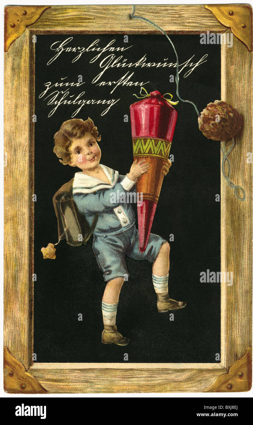 Education, école, ardoise avec élève, 'Félicitations pour votre première journée d'école', illustration, Allemagne, vers 1927, droits supplémentaires-Clearences-non disponible Banque D'Images