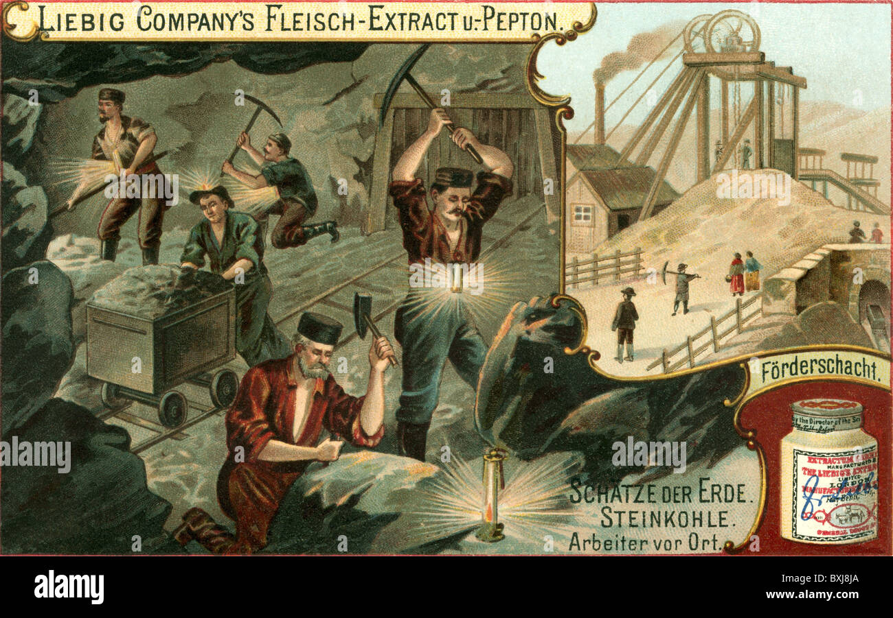 Mines, mines, charbon dur, travaux durs, carte de collection Liebig, Allemagne, vers 1898, droits supplémentaires-Clearences-non disponible Banque D'Images