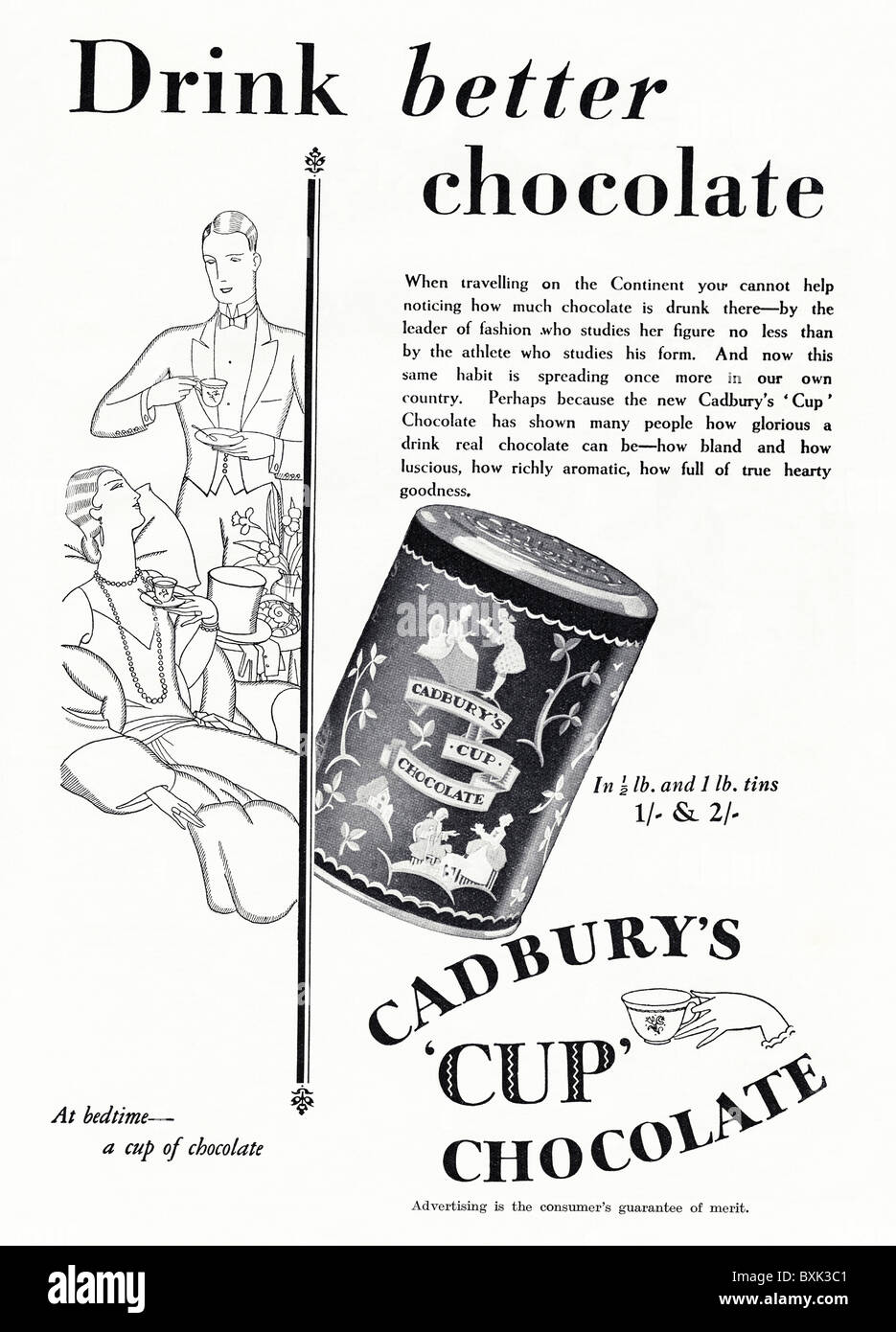 Pleine page en noir et blanc annonce pour boisson au chocolat Cadbury's dans le magazine vers 1929 Banque D'Images