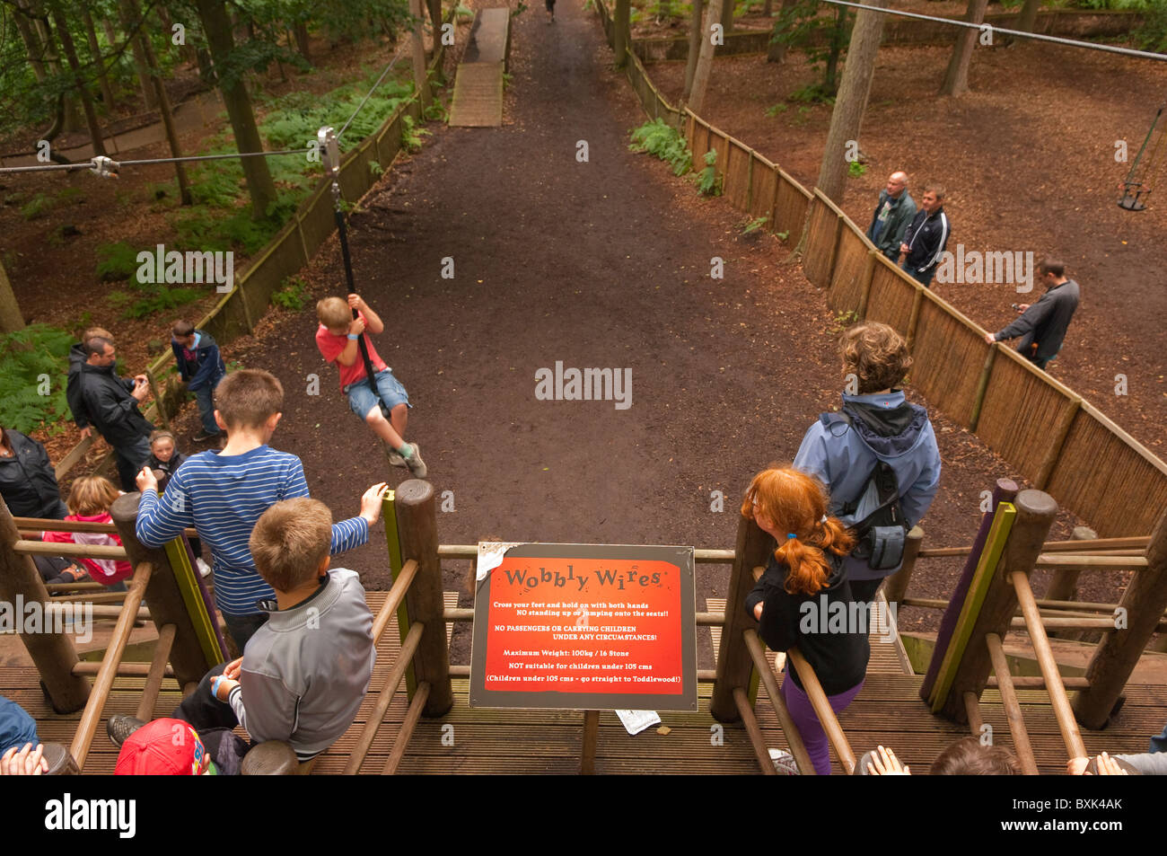 Un zip diapositive montrant le mouvement à Bewilderwood parc aventure dans Hoveton , Norfolk , Bretagne , France Banque D'Images
