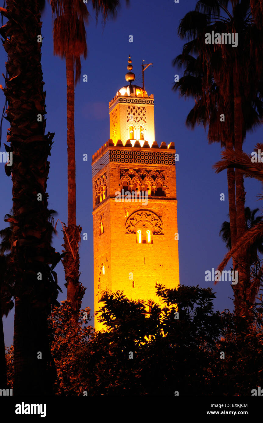 Mosquée de Koutoubia minaret pour nuit avec palmiers Banque D'Images